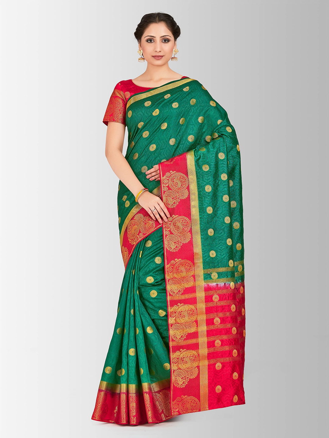 

MIMOSA Green & Red Art Silk Printed Kanjeevaram Saree