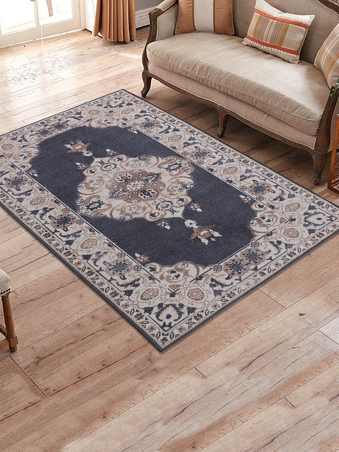 

RUGSMITH Navy Blue & Beige Patterned Anti-Skid Rectangle Carpet