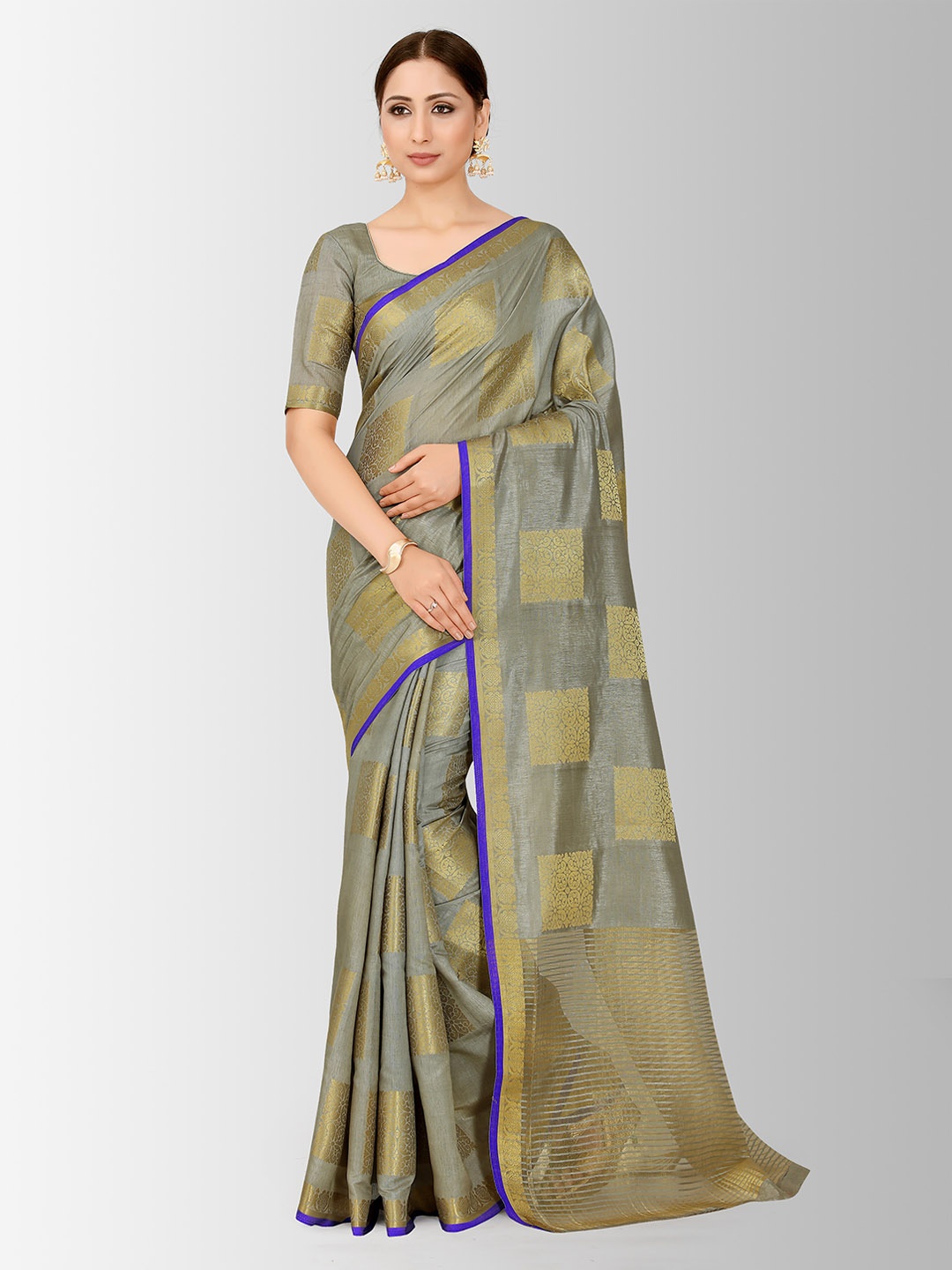

MIMOSA Khaki & Grey Art Silk Printed Kanjeevaram Saree