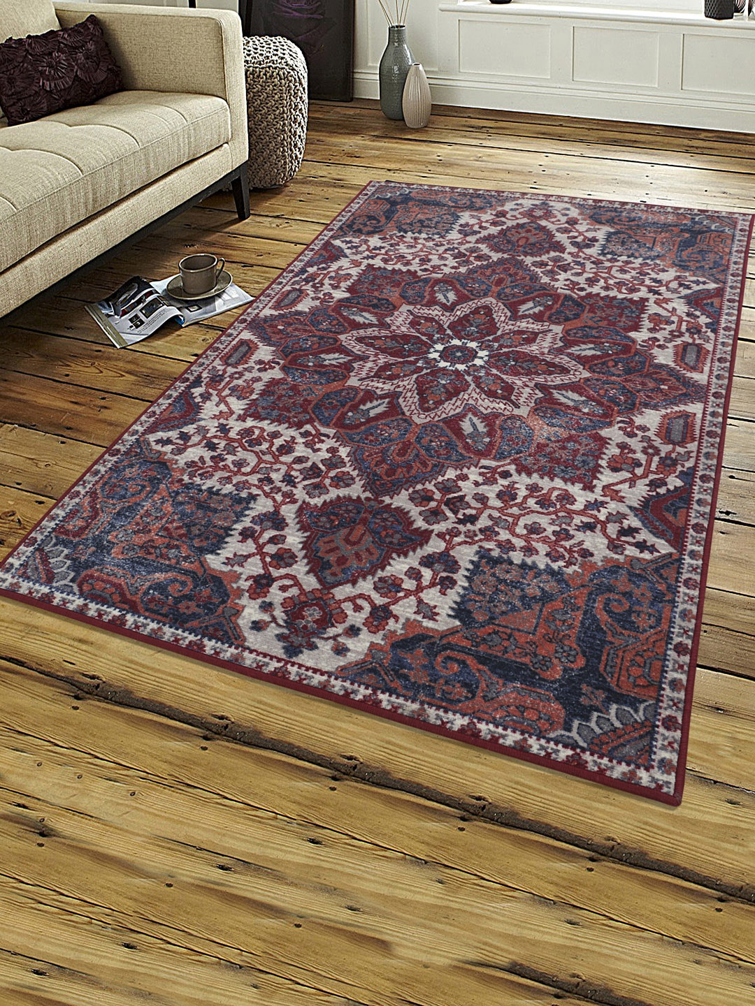 

RUGSMITH Maroon & Grey Patterned Anti-Skid Rectangle Carpet