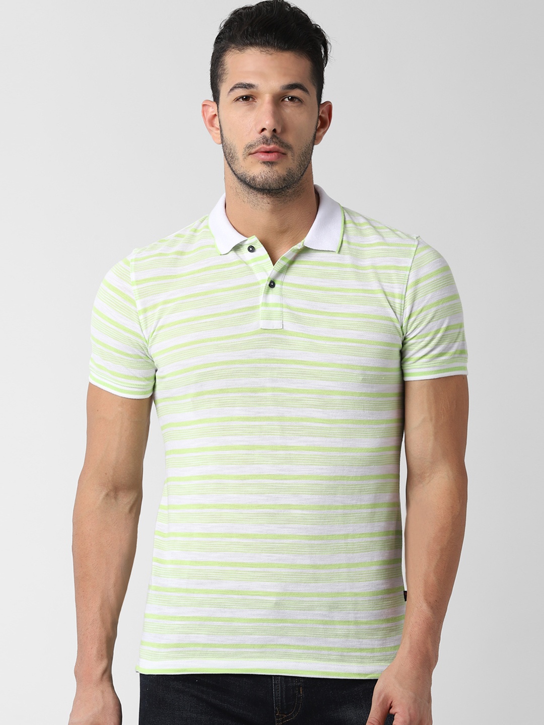 

Peter England Casuals Men Green Striped Polo Collar Slim Fit T-shirt