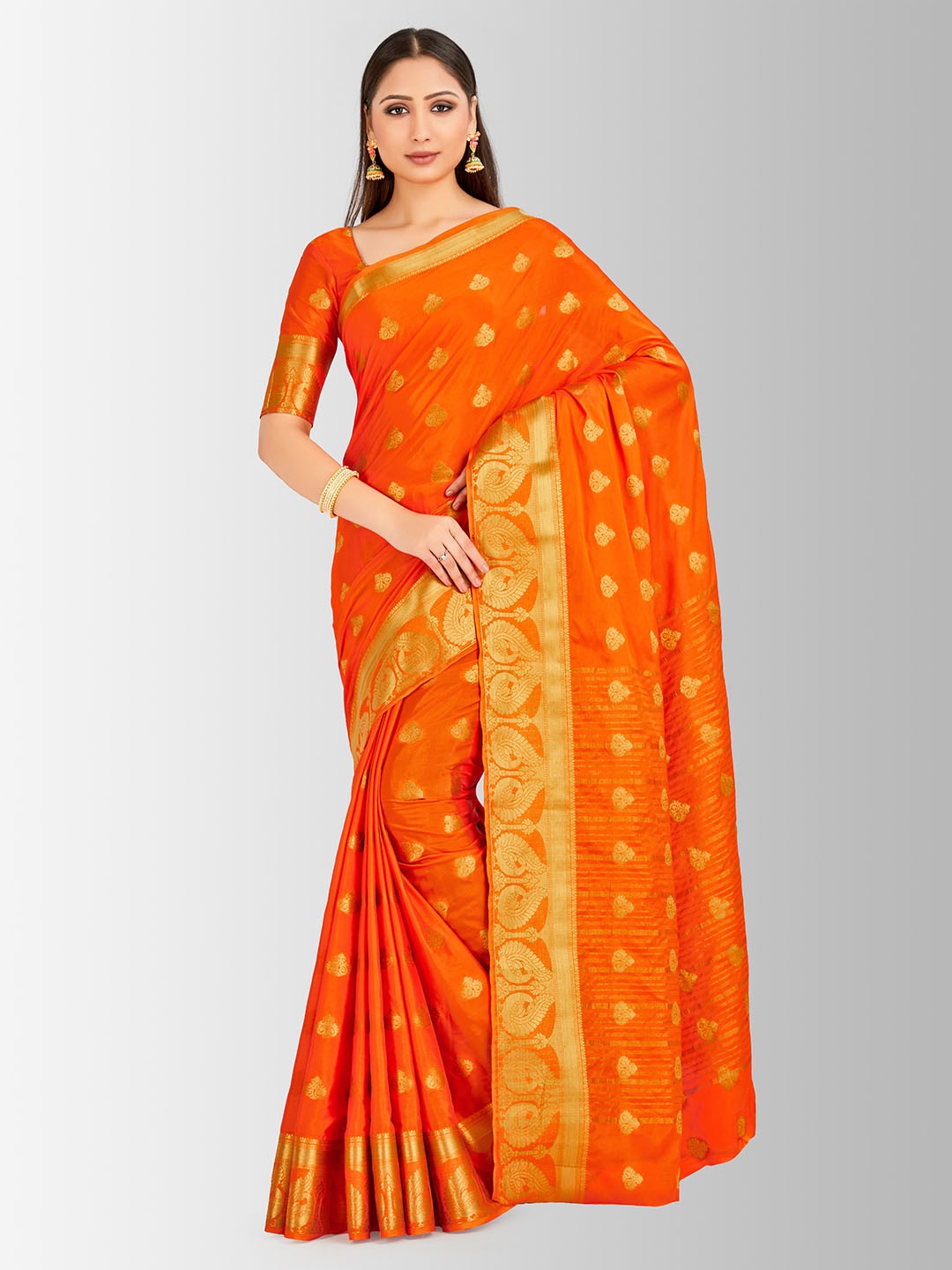

MIMOSA Orange Poly Crepe Embellished Mysore Silk Saree