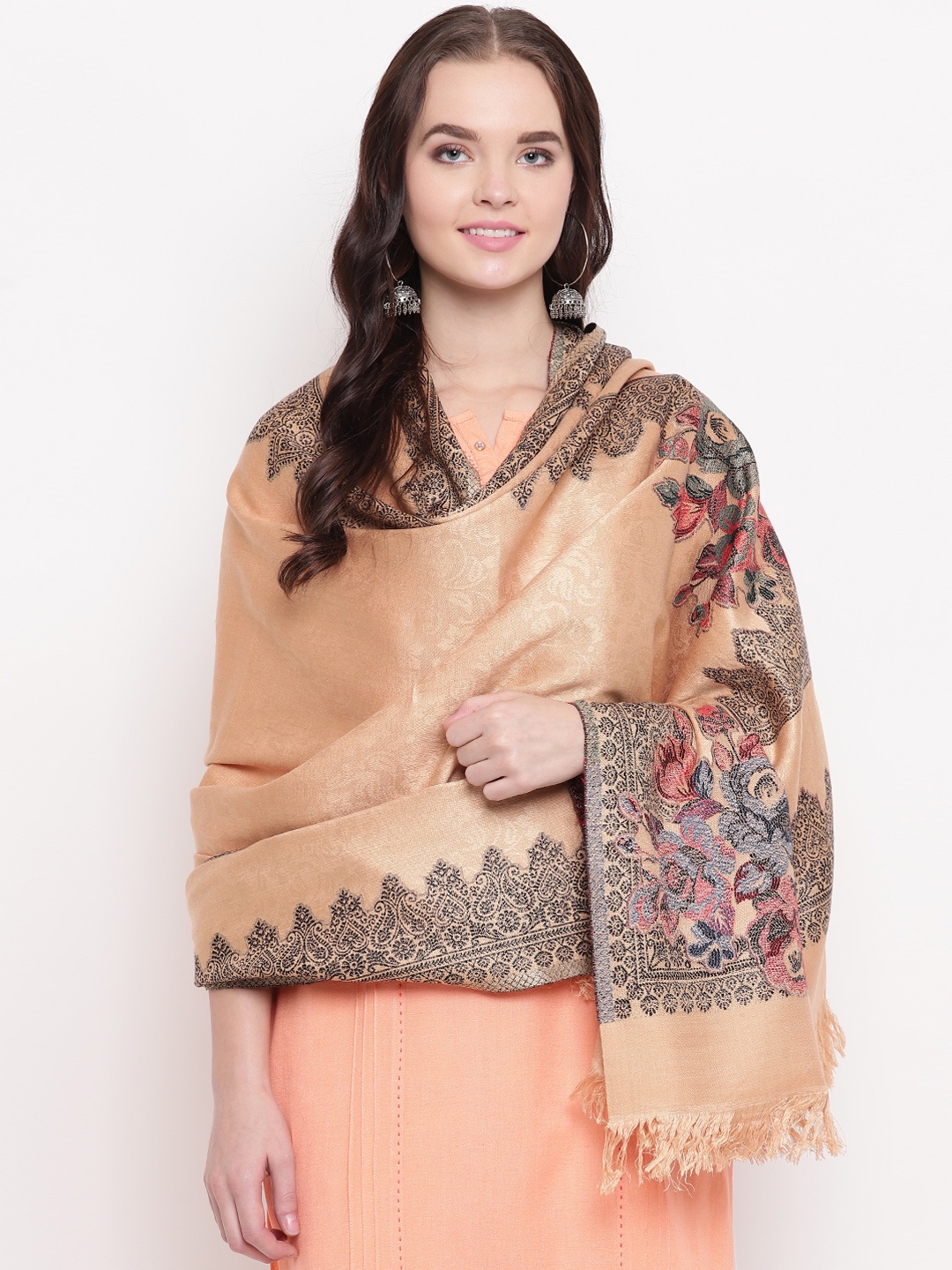 

HK colours of fashion Women Beige & Black Woven Design Shawl