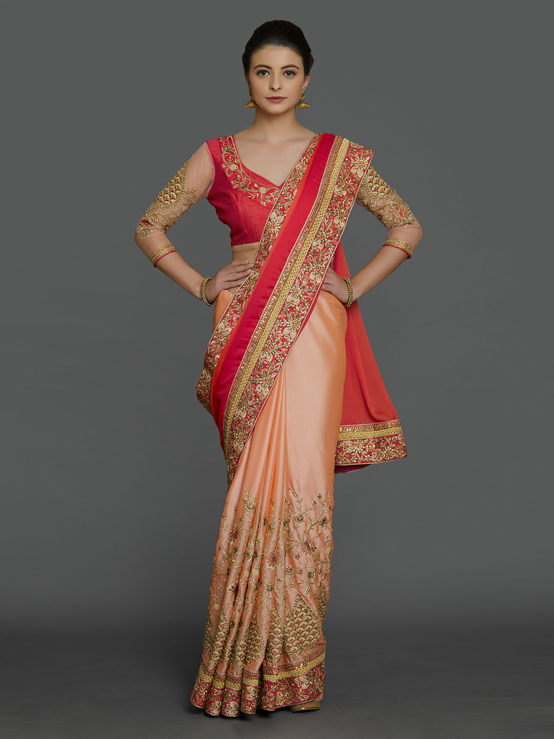 

Mitera Pink & Gold-Toned Poly Georgette Embroidered Half And Half Saree