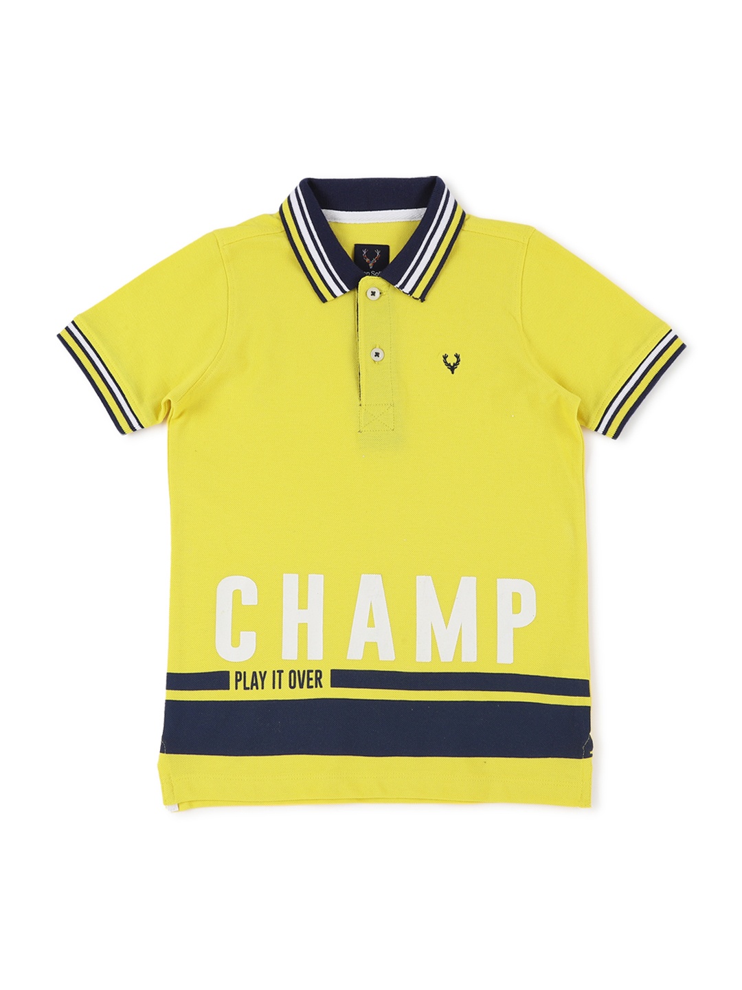 

Allen Solly Junior Boys Yellow Navy Blue Striped Polo Collar Pure Cotton T-shirt