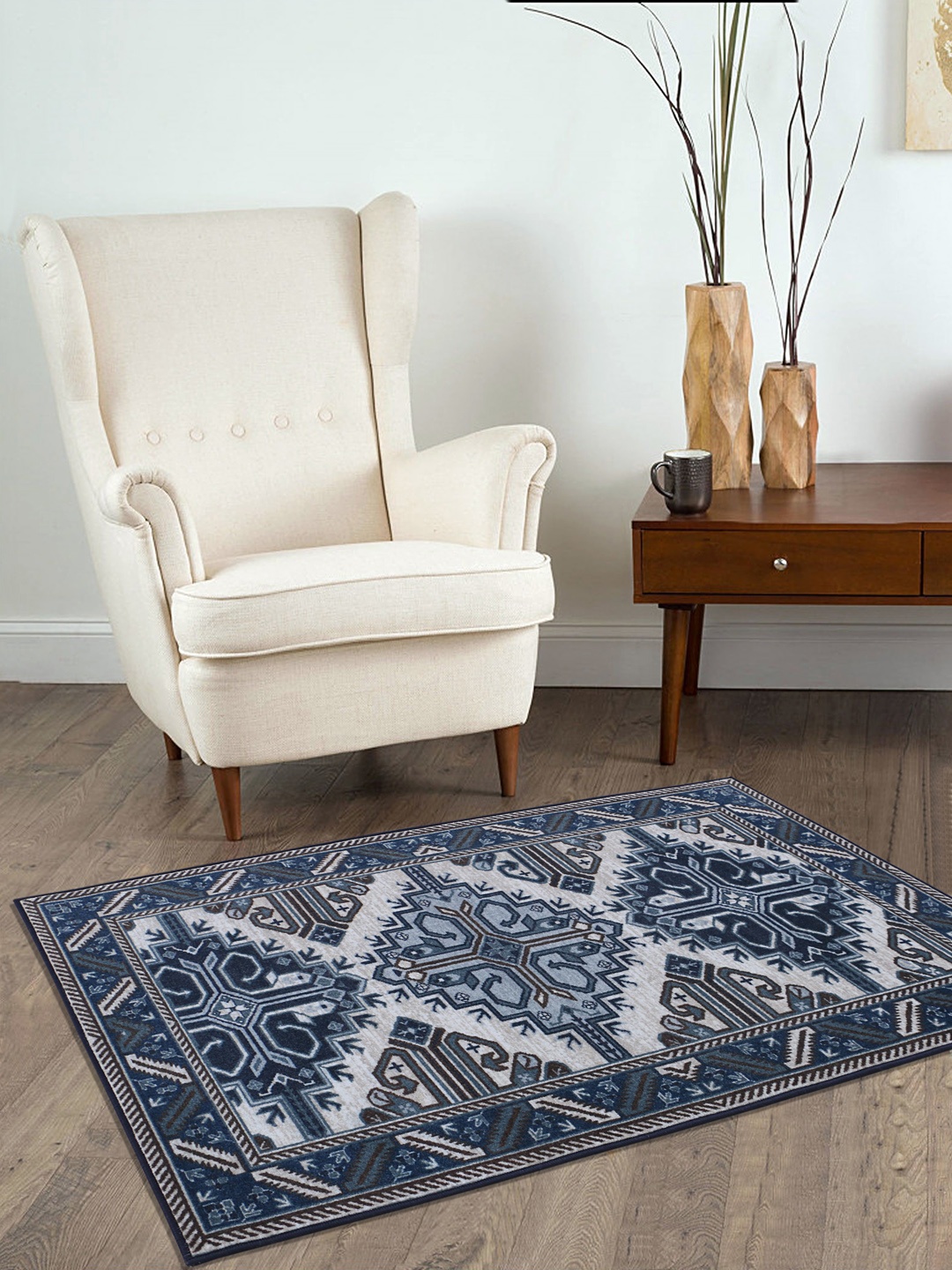 RUGSMITH Navy Blue & White Patterned Anti-Skid Rectangle Carpet