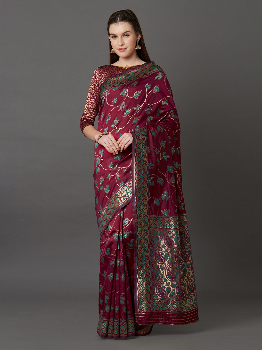 

Mitera Burgundy & Green Silk Blend Woven Design Kanjeevaram Saree
