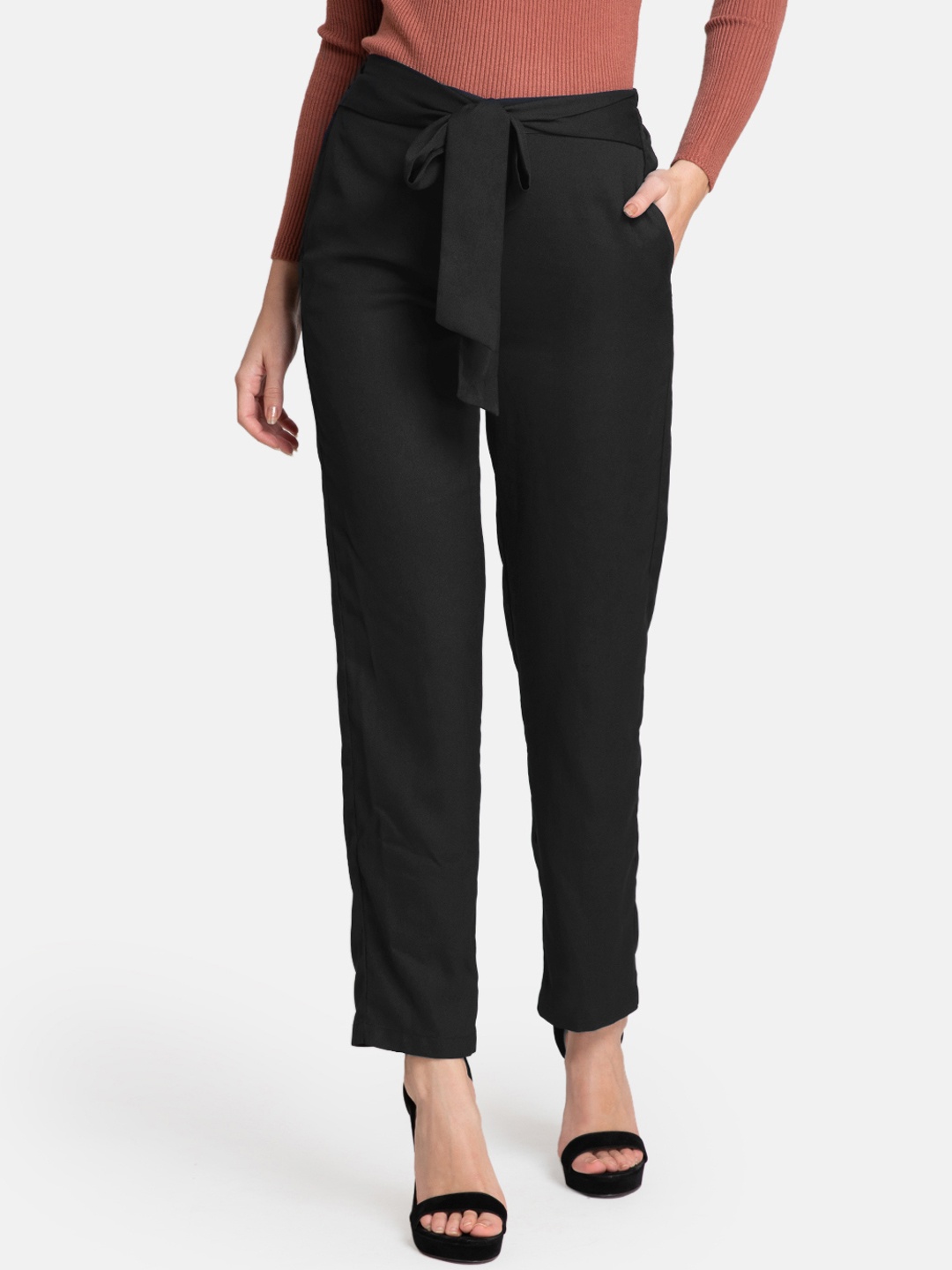 

Kazo Women Black Straight Fit Solid Regular Trousers