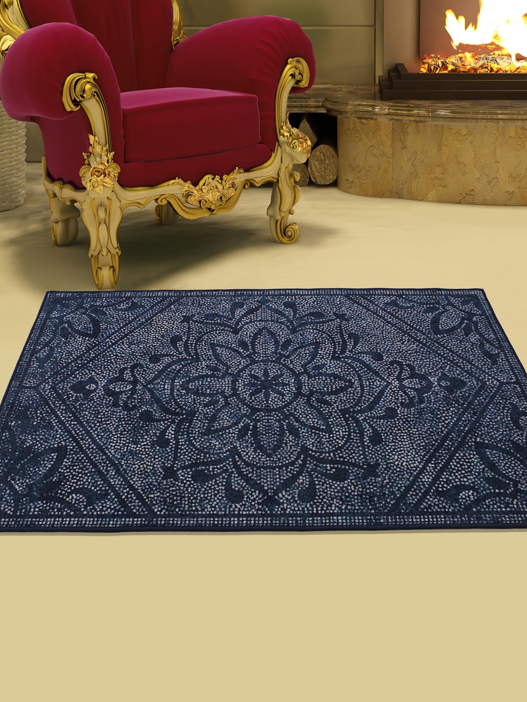 

RUGSMITH Navy Blue Patterned Anti-Skid Rectangle Carpet