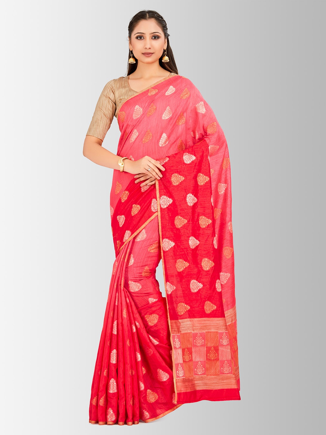

MIMOSA Red & Gold-Toned Linen Blend Printed Banarasi Saree