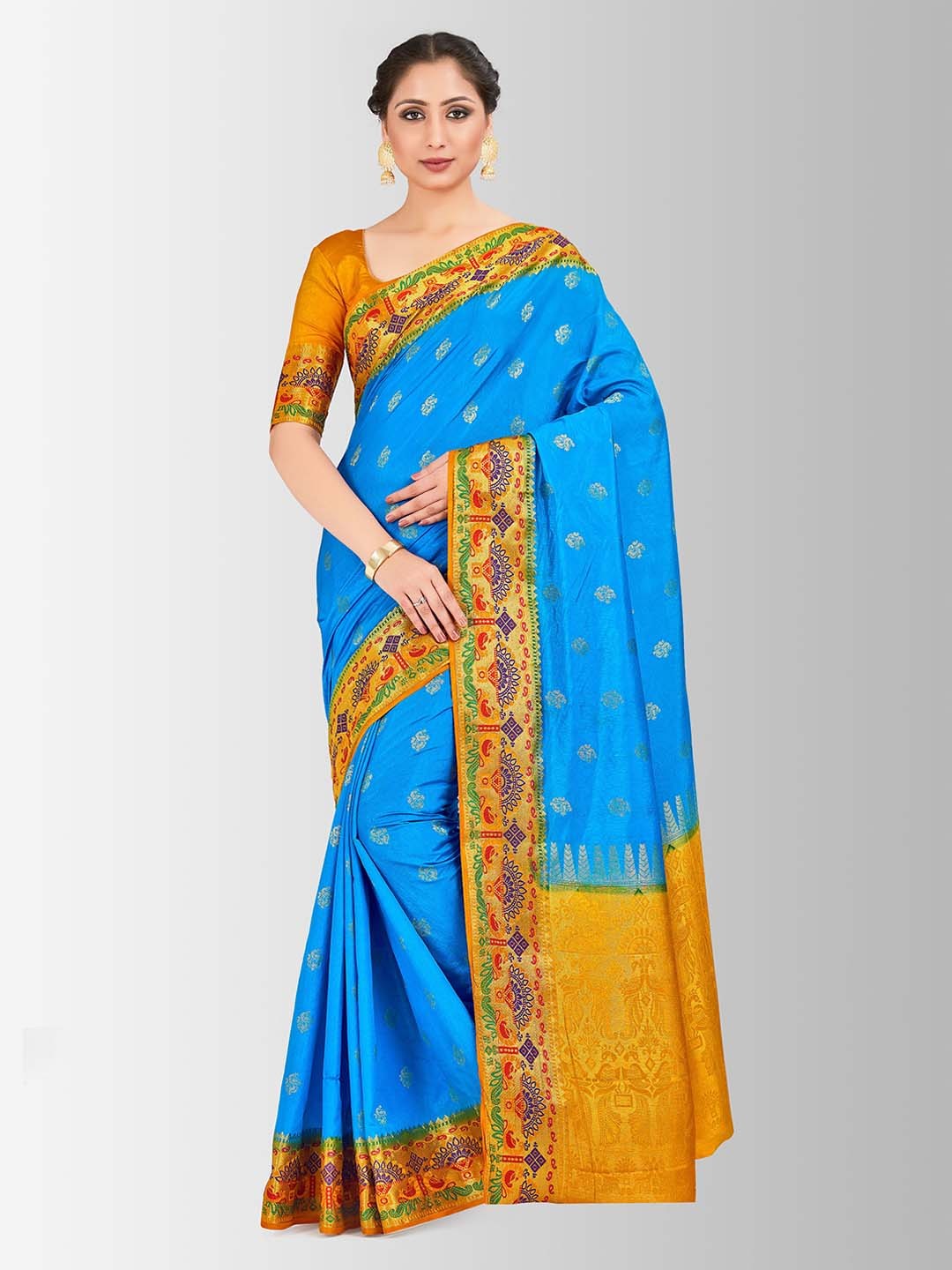 

MIMOSA Blue & Yellow Art Silk Printed Kanjeevaram Saree
