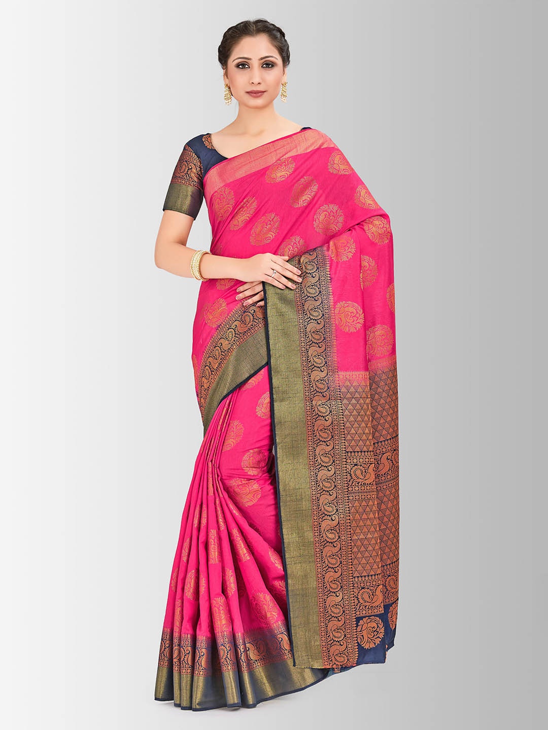 

MIMOSA Pink & Gold-Toned Art Silk Embellished Kanjeevaram Saree