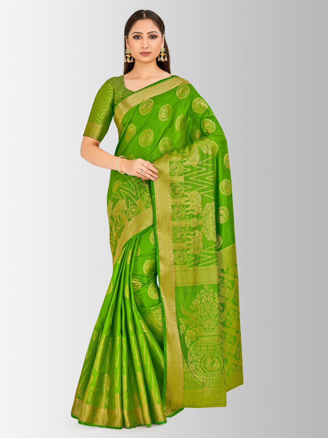 

MIMOSA Green & Gold-Toned Art Silk Printed Kanjeevaram Saree
