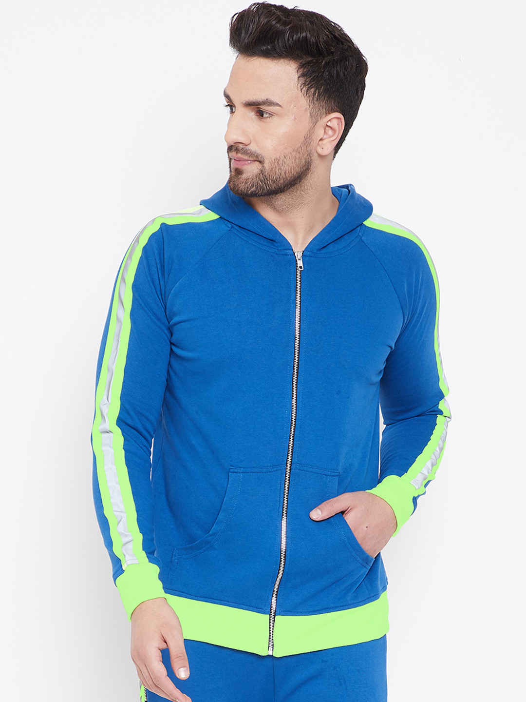 

FUGAZEE Men Blue & Fluorescent Green Colourblocked Hooded Reflective Taped Sweatshirt