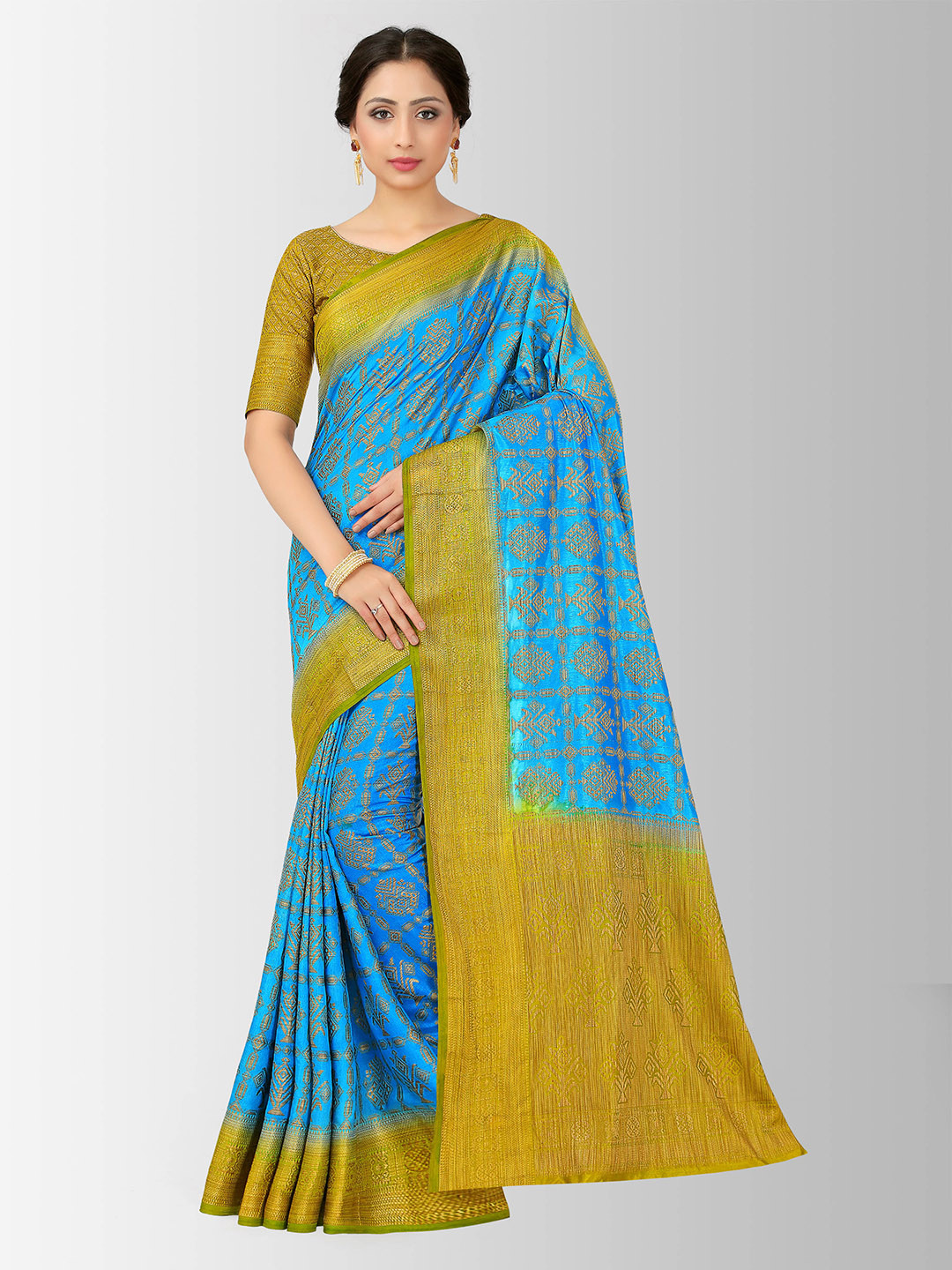 

MIMOSA Turquoise Blue & Green Art Silk Embellished Patola Saree