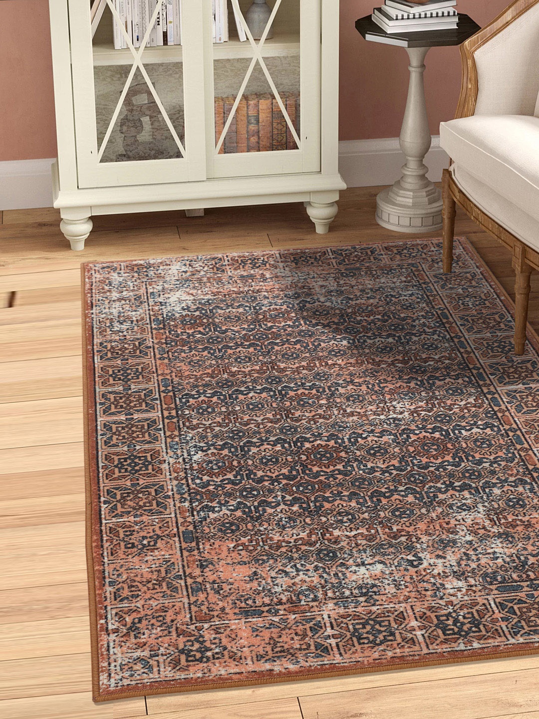 

RUGSMITH Brown & Teal Blue Patterned Anti-Skid Rectangle Carpet, Peach