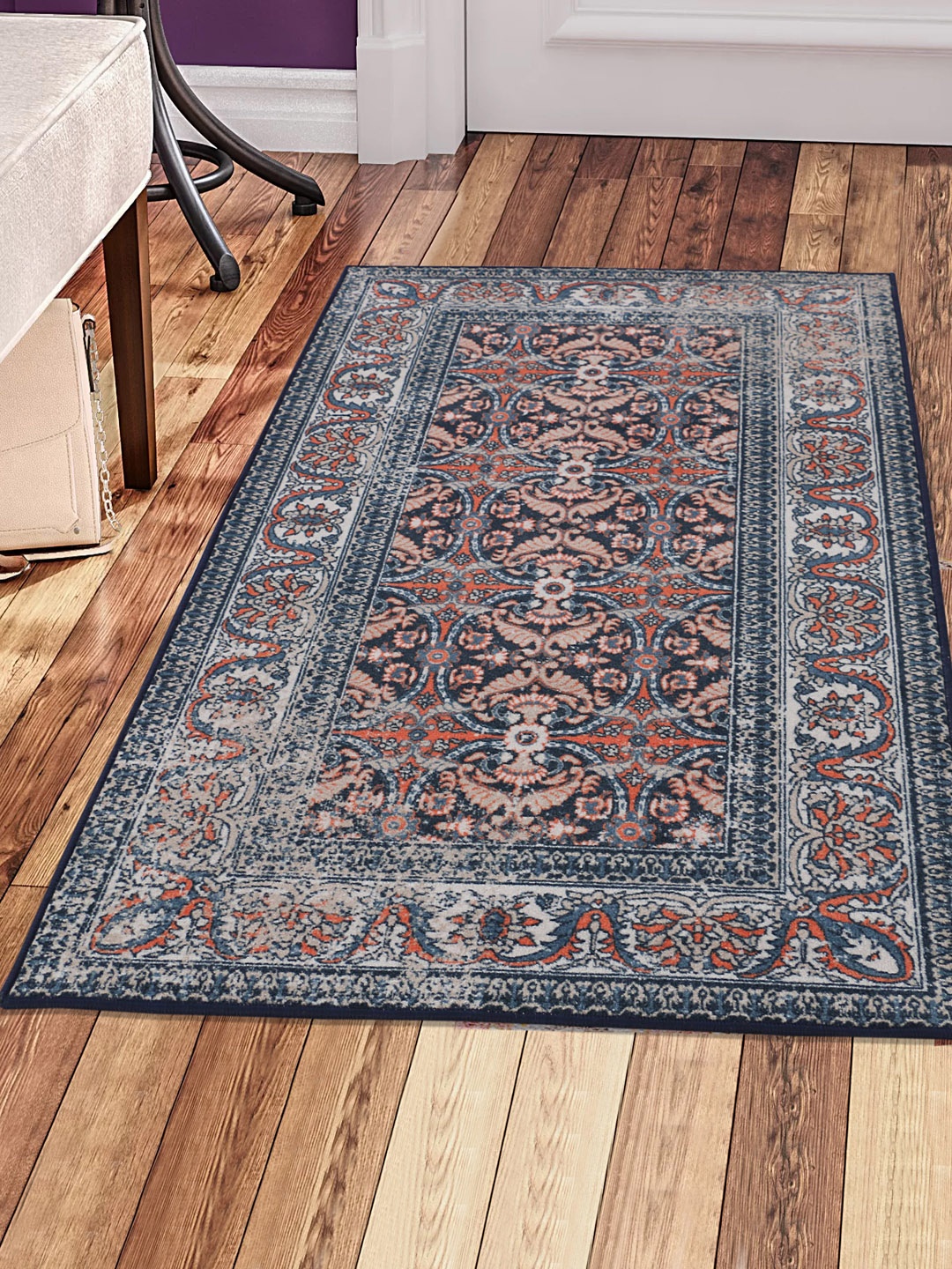 

RUGSMITH Navy Blue & Orange Patterned Anti-Skid Rectangle Carpet