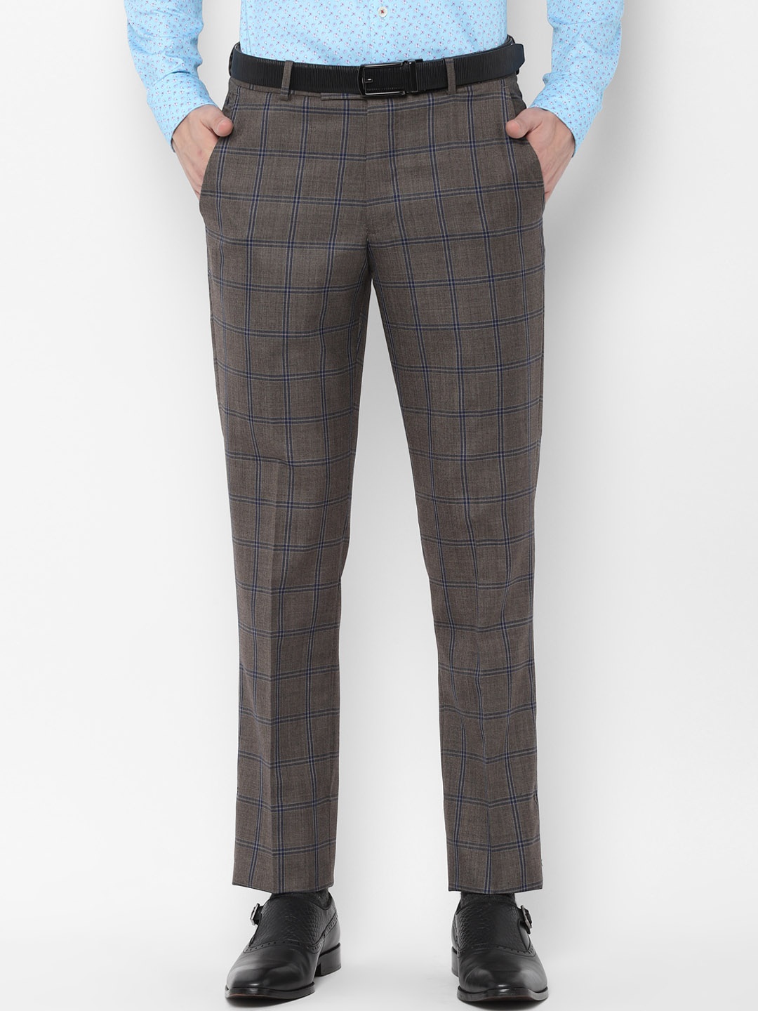 

SIMON CARTER LONDON Men Grey & Navy Blue Slim Fit Checked Formal Trousers