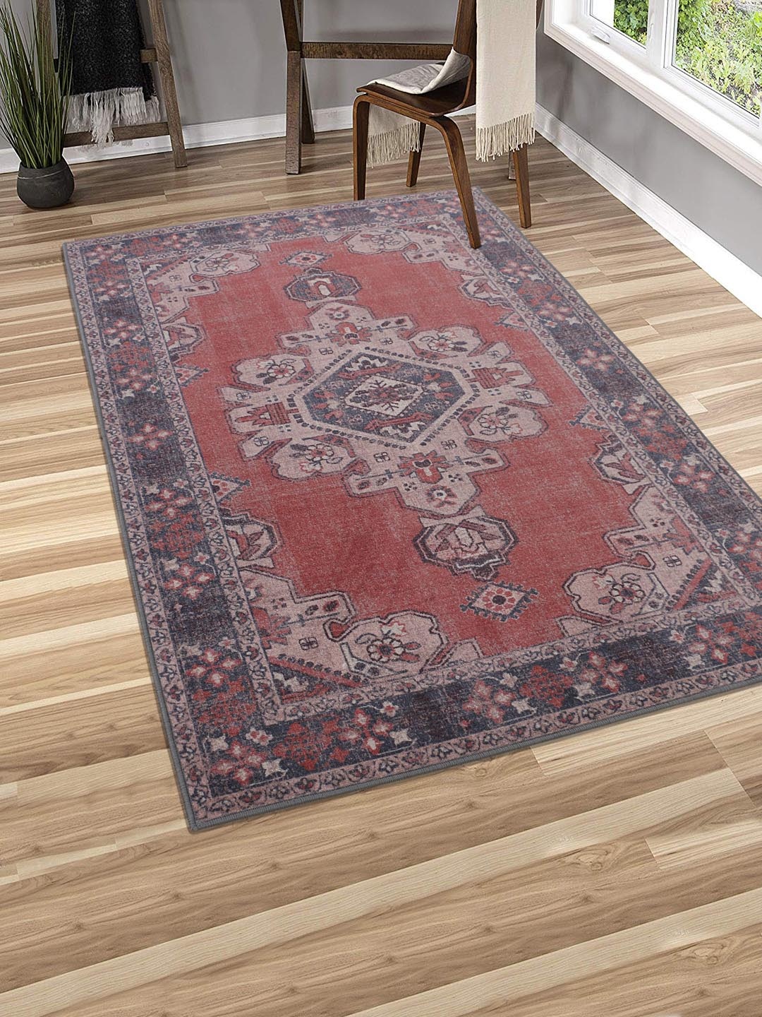 

RUGSMITH Maroon & Grey Patterned Anti-Skid Rectangle Carpet