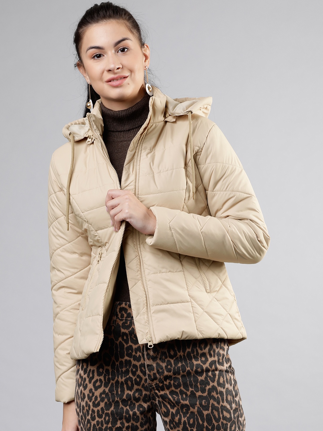 Tokyo Talkies Women Beige Solid Padded Hooded Jacket