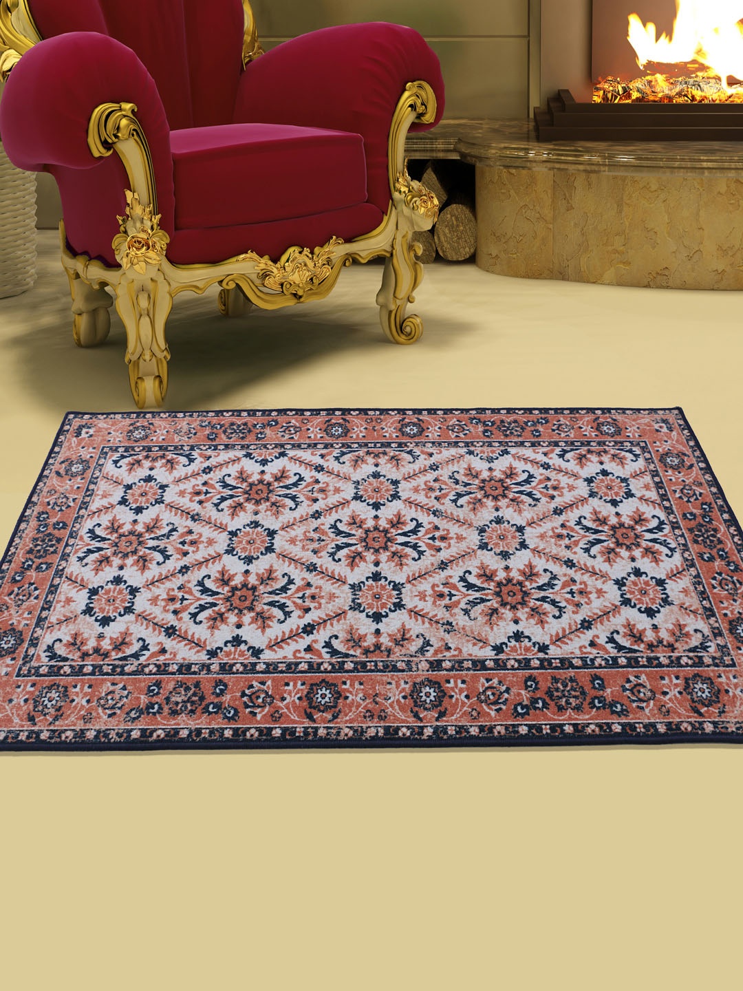 

RUGSMITH Navy Blue & Orange Patterned Anti-Skid Rectangle Carpet