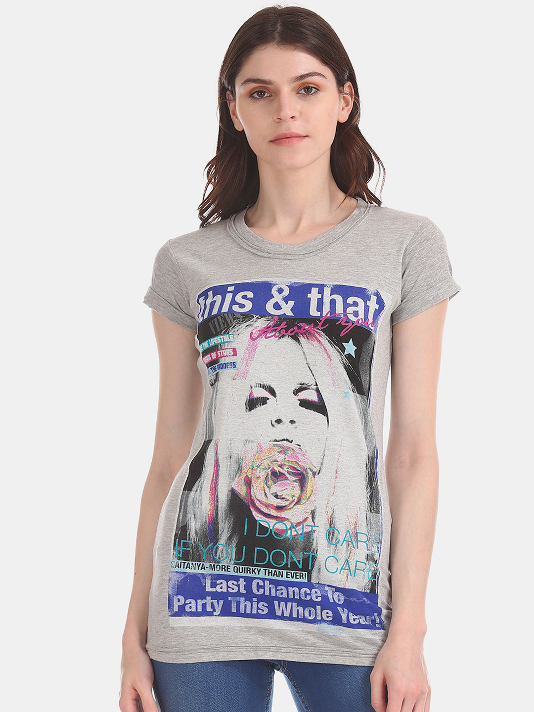 

Flying Machine Women Grey Printed Round Neck T-shirt