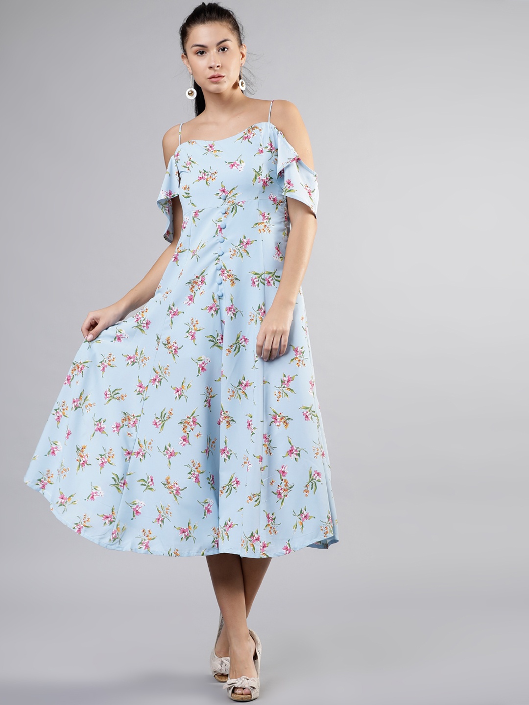 Tokyo Talkies Women Blue Floral Print Fit and Flare Dress