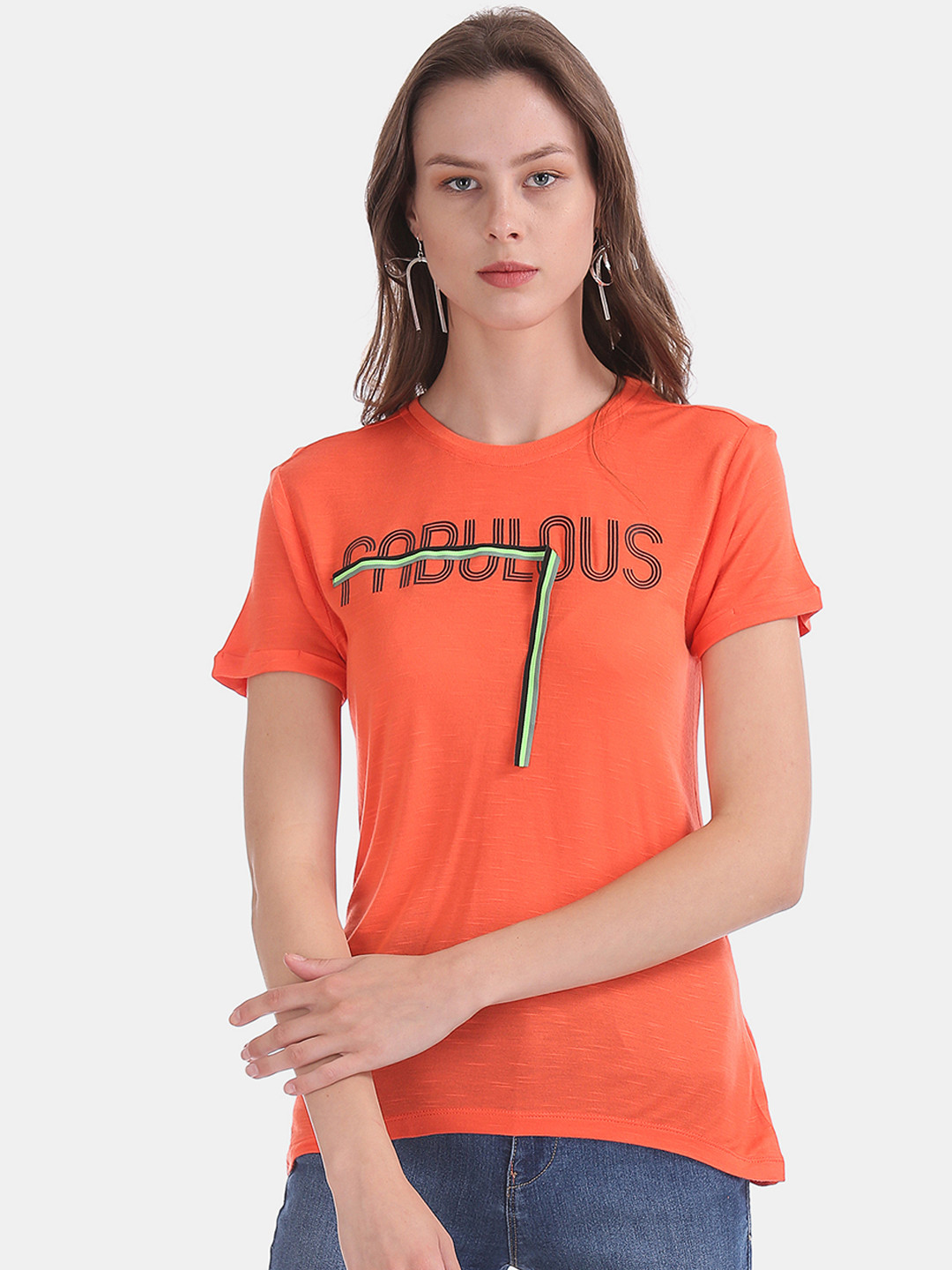

Flying Machine Women Orange Printed Round Neck T-shirt