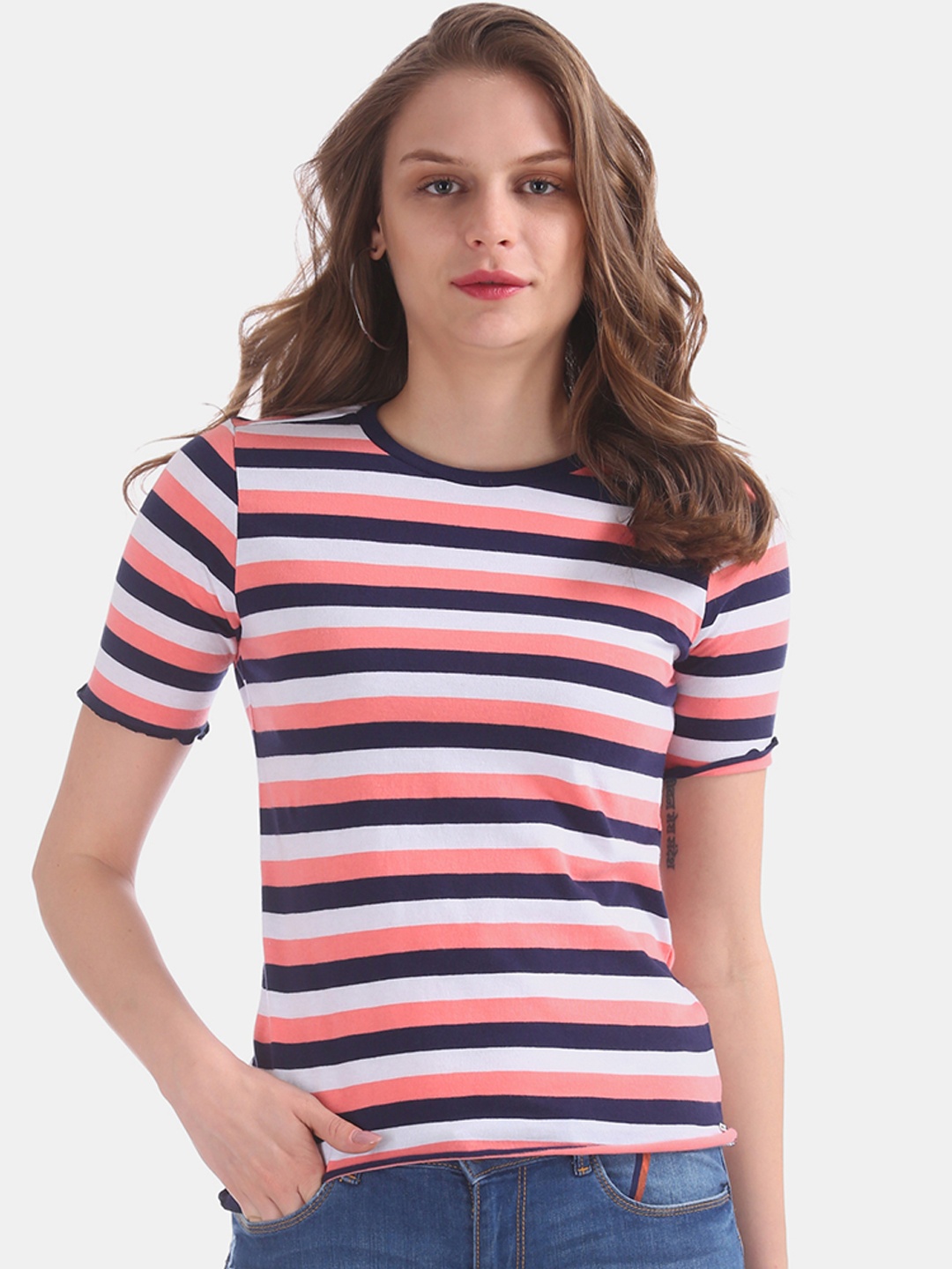 

Flying Machine Women Pink Striped Round Neck T-shirt