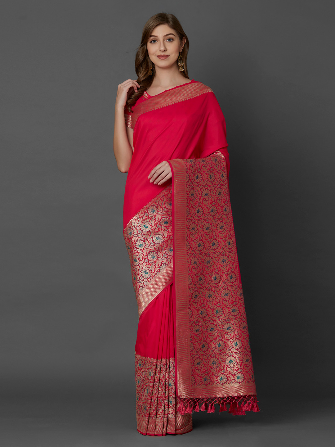 

Mitera Pink Silk Blend Woven Design Kanjeevaram Saree