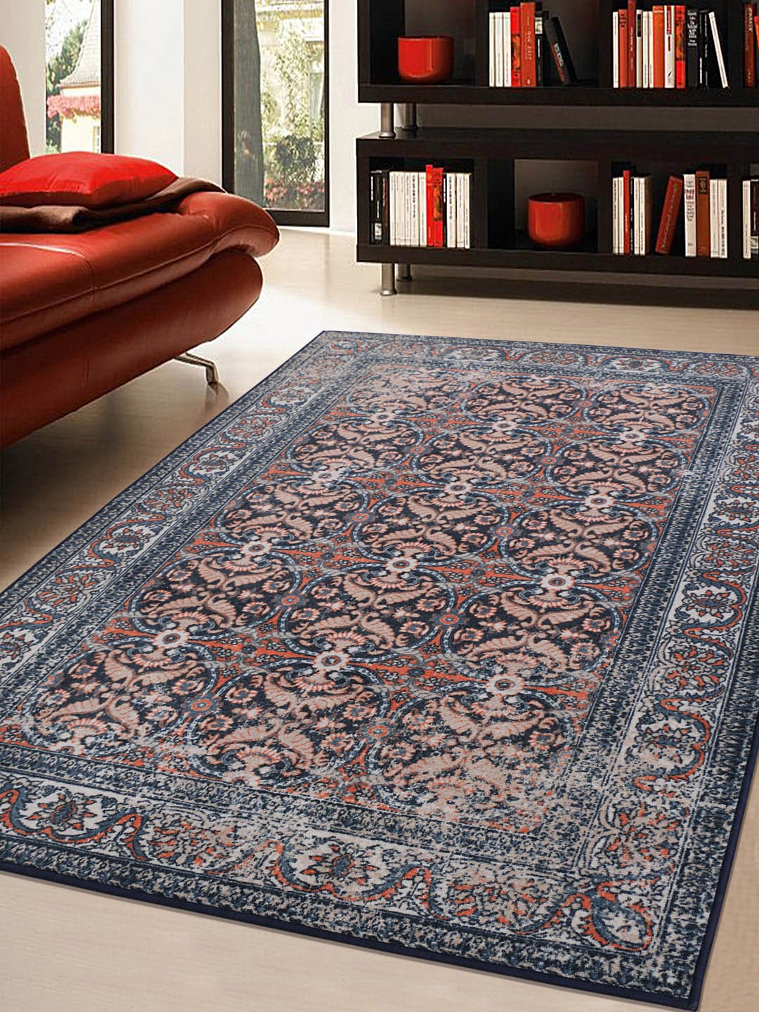 

RUGSMITH Navy Blue & Orange Patterned Anti-Skid Rectangle Carpet