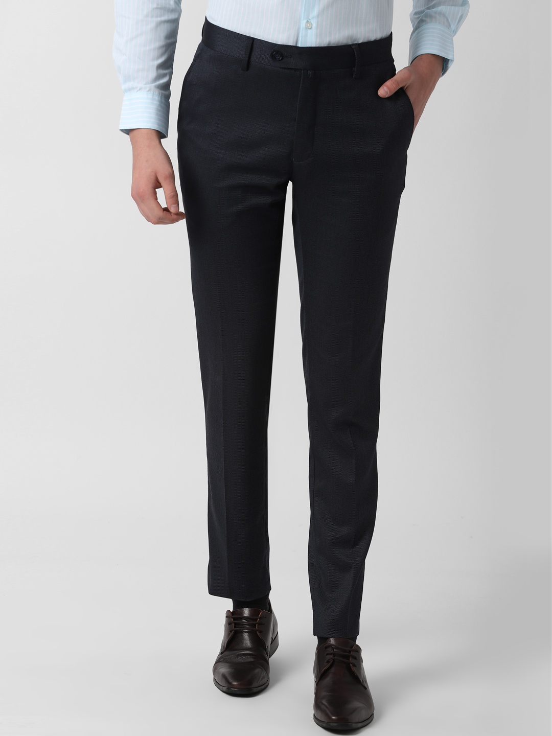 

Peter England Men Navy Blue Slim Fit Self Design Formal Trousers