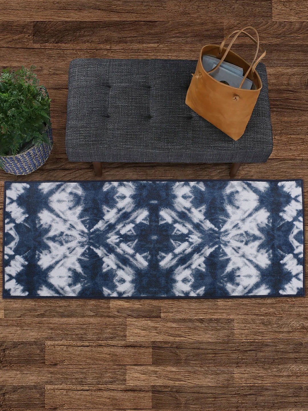 

RUGSMITH Navy Blue & White Patterned Anti-Skid Rectangle Runner