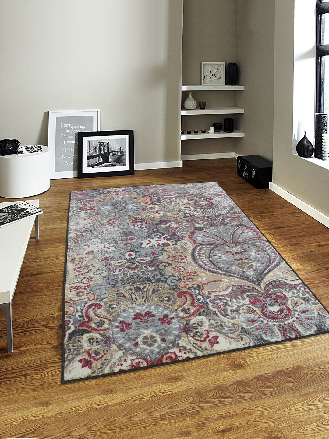 

RUGSMITH Grey & Maroon Patterned Anti-Skid Rectangle Carpet