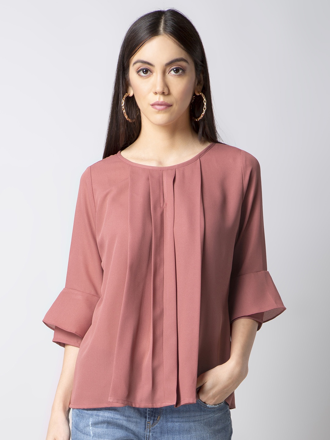 

FabAlley Women Pink Solid Pleated Top