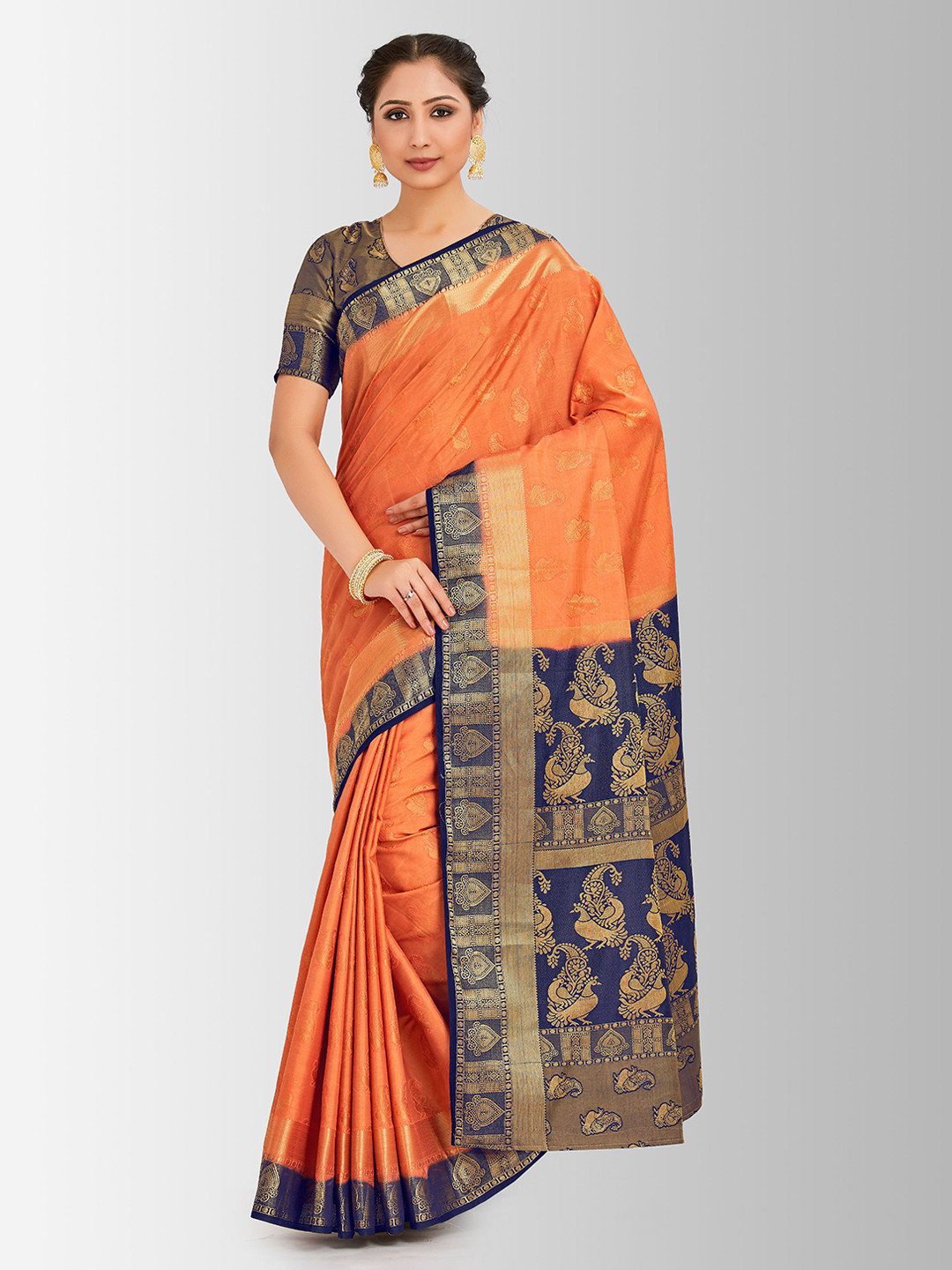 

MIMOSA Orange & Navy Blue Art Silk Embellished Kanjeevaram Saree