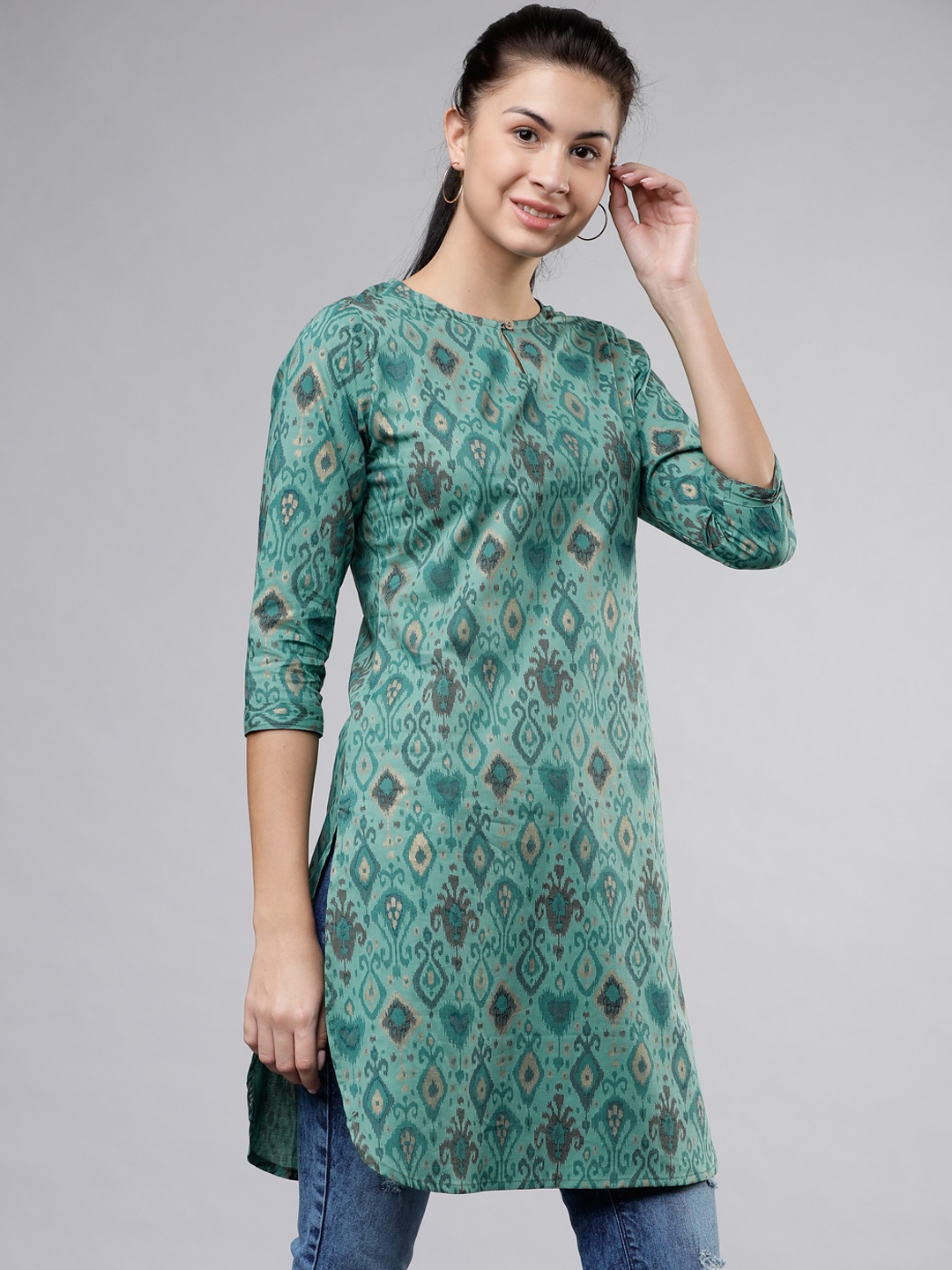 Vishudh Printed Curved Hem Tunic, Teal