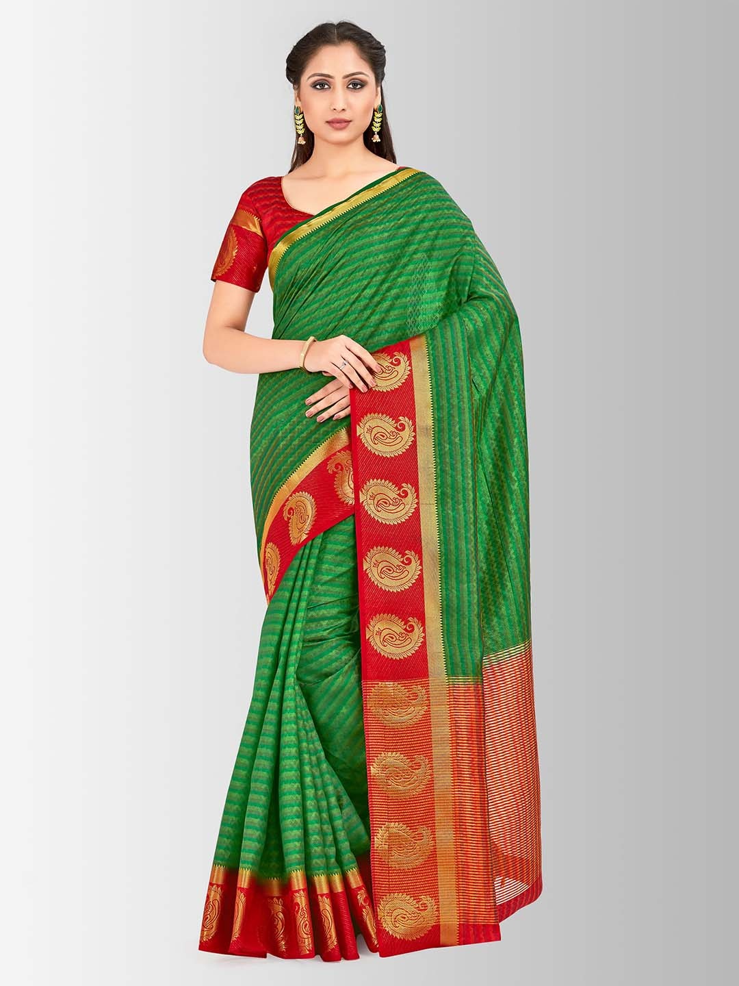 

MIMOSA Green & Red Art Silk Printed Kanjeevaram Saree