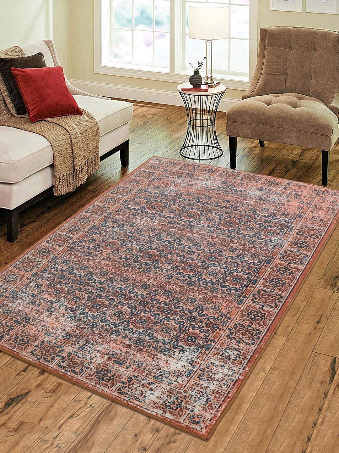 

RUGSMITH Orange & Teal Blue Patterned Anti-Skid Rectangle Carpet