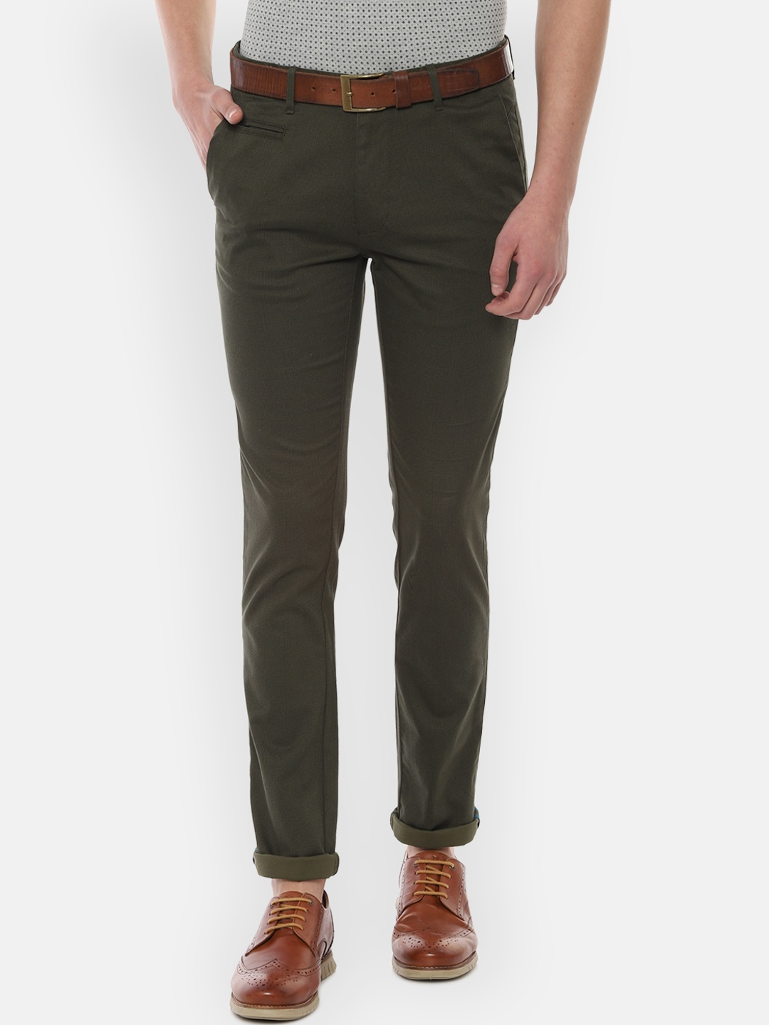 

V Dot Men Olive Green Slim Fit Self Design Regular Trousers