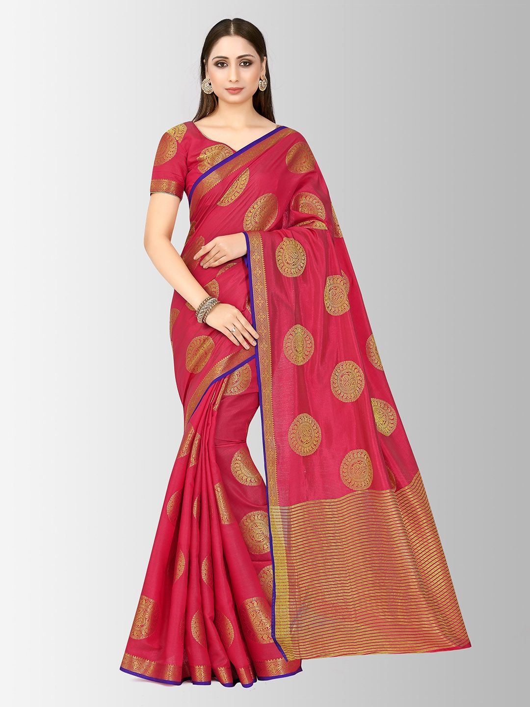 

MIMOSA Red & Gold-Toned Art Silk Embellished Kanjeevaram Saree
