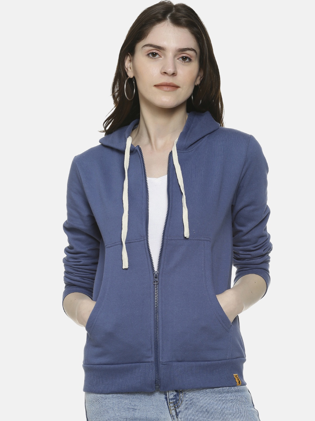 Campus Sutra Women Blue Solid Hooded Sweatshirt