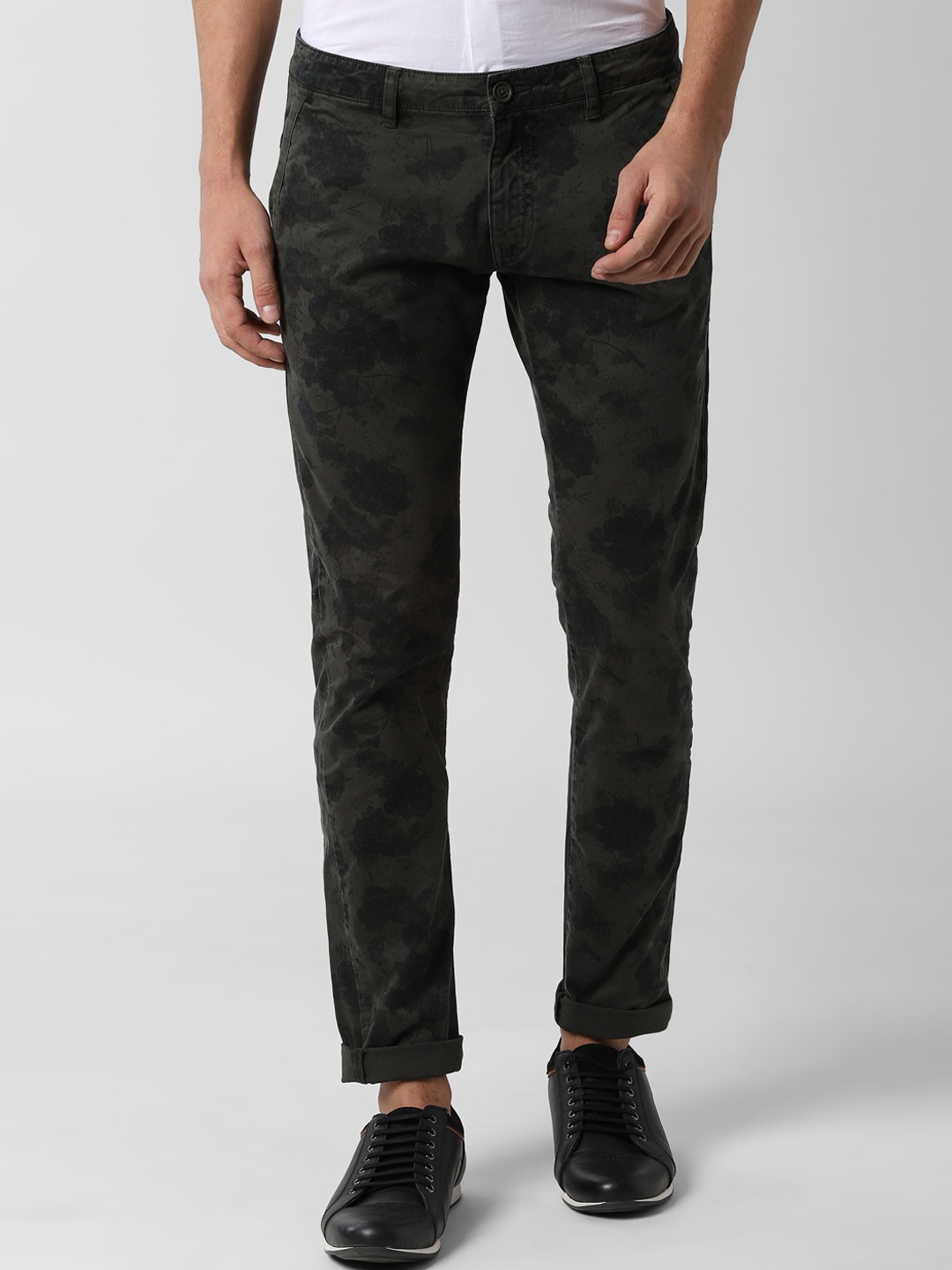 

Peter England Casuals Men Olive Green & Black Skinny Fit Printed Regular Trousers