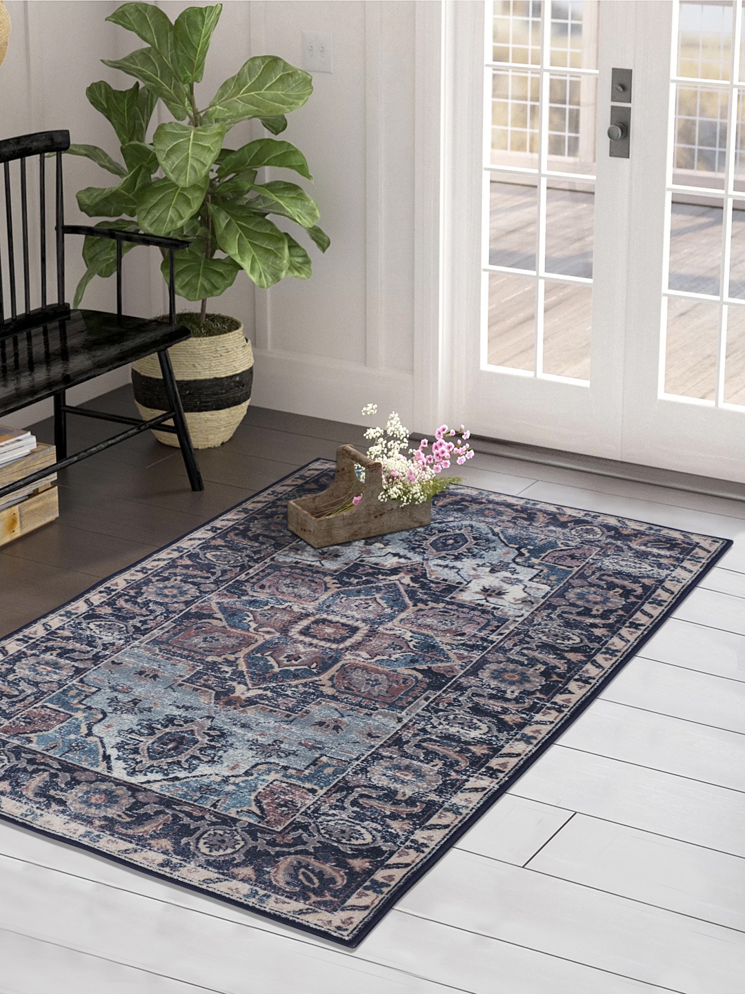 

RUGSMITH Navy Blue Patterned Anti-Skid Rectangle Carpet