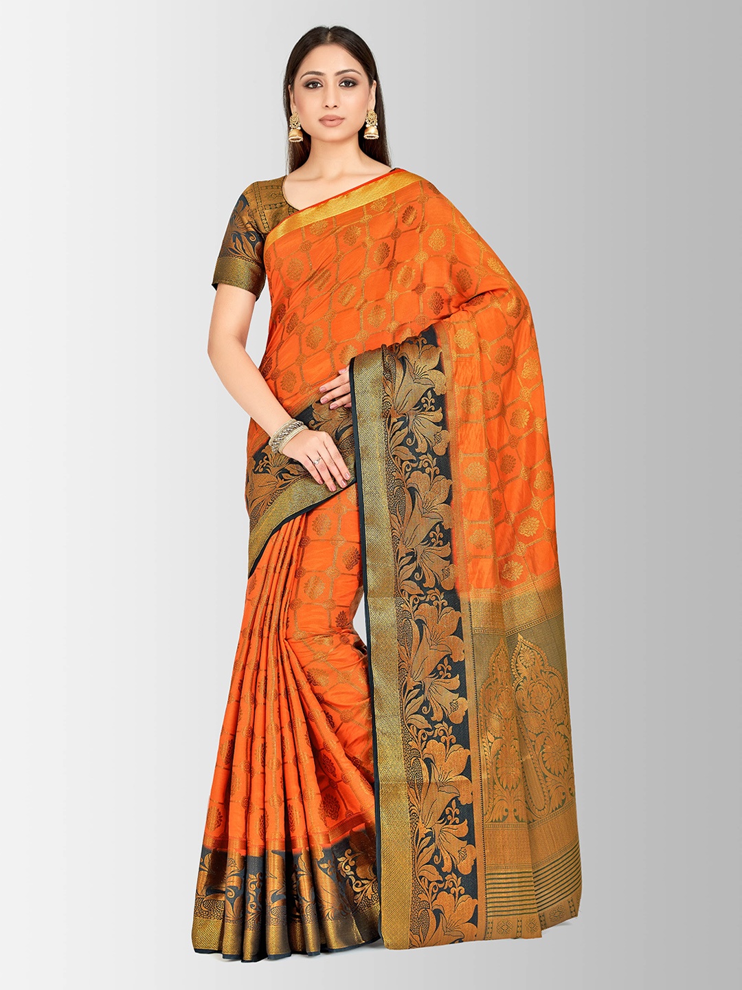 

MIMOSA Orange & Black Art Silk Embellished Kanjeevaram Saree