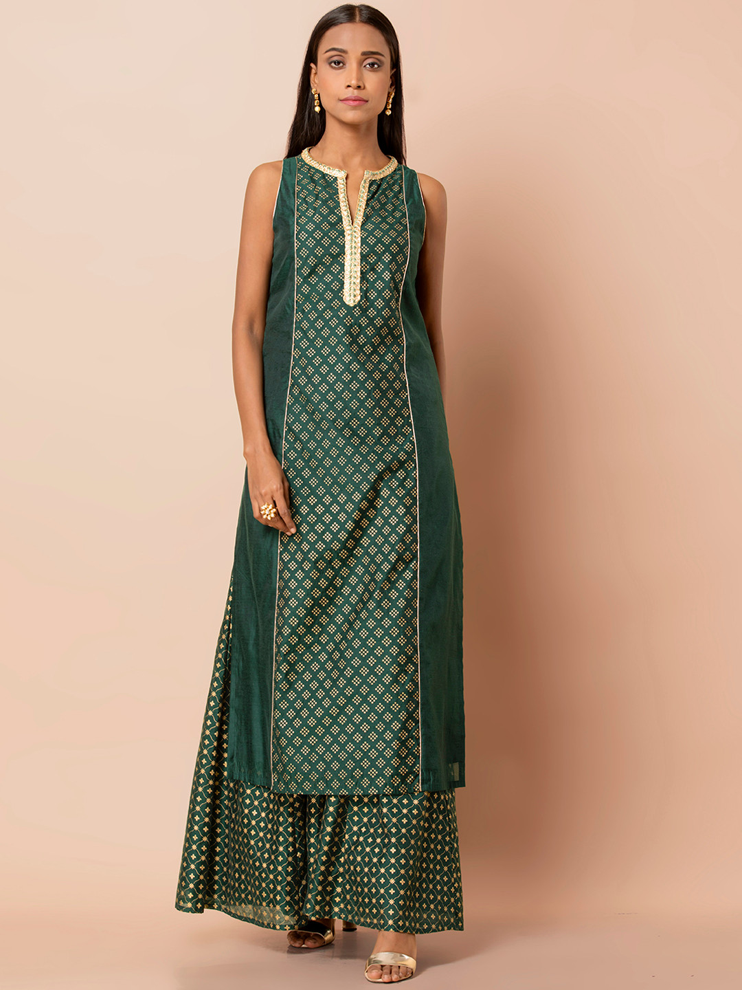 

INDYA Green & Golden Printed Kurta