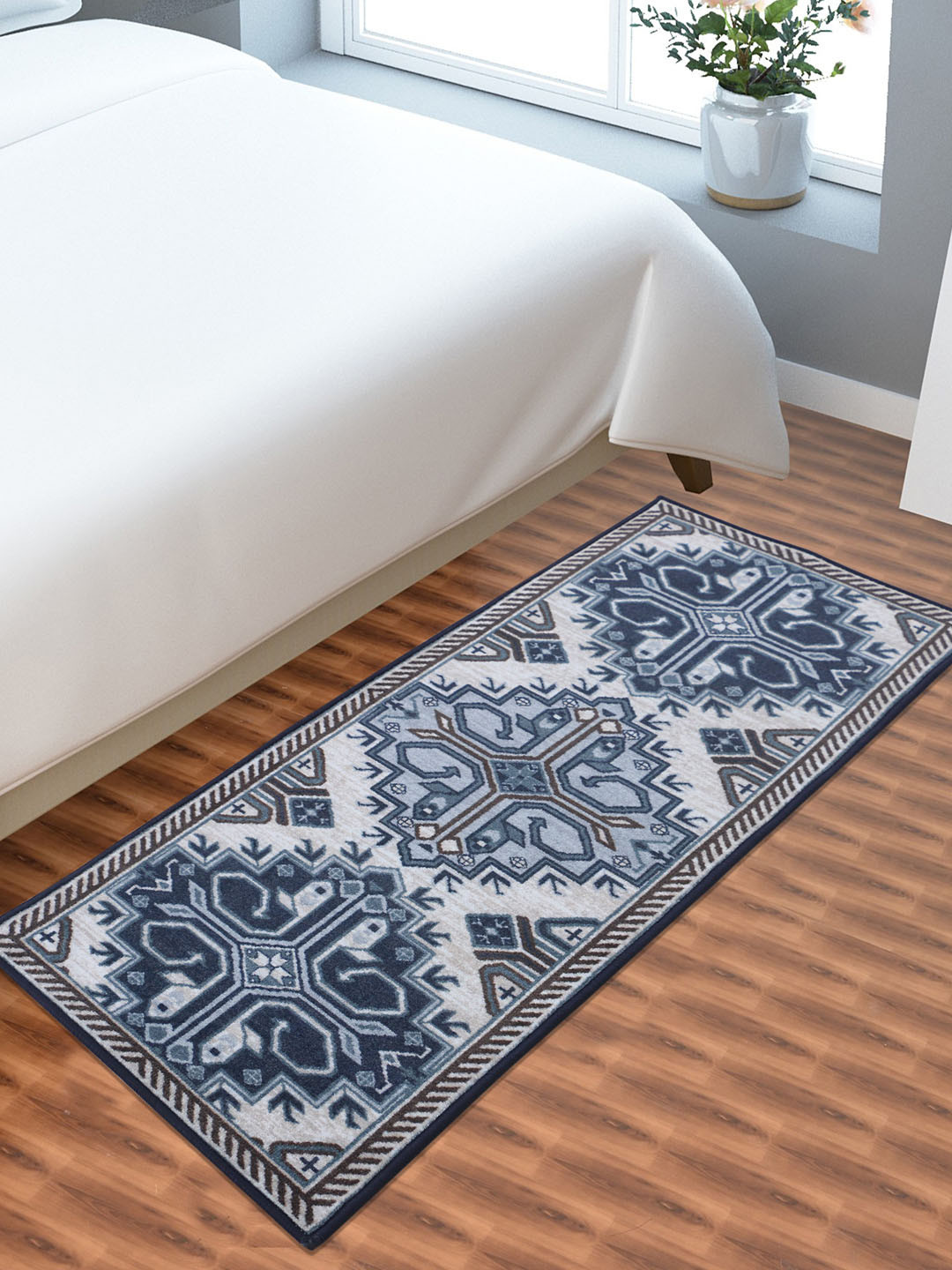 

RUGSMITH Navy Blue & Beige Patterned Anti-Skid Floor Runner