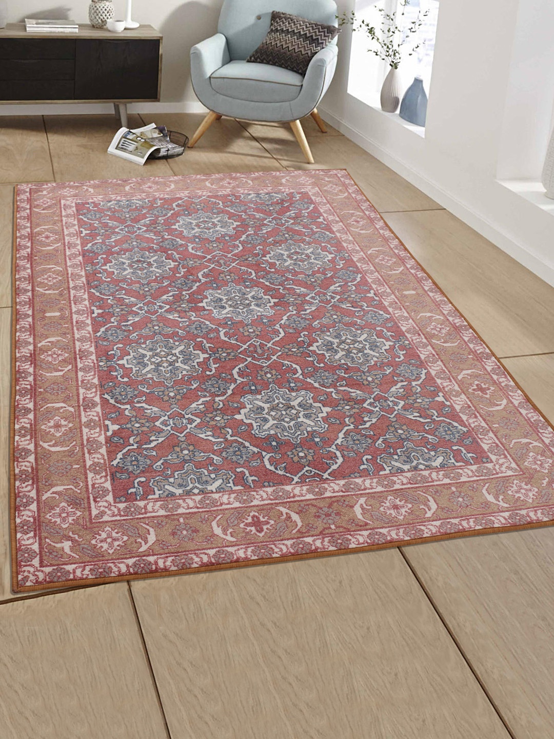 RUGSMITH Maroon & Brown Patterned Anti-Skid Rectangle Carpet