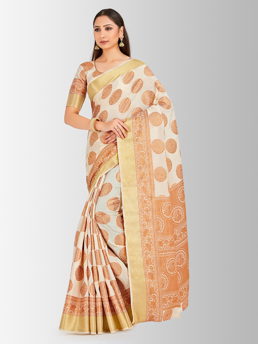 MIMOSA Off-White & Copper-Toned Art Silk Embellished Kanjeevaram Saree