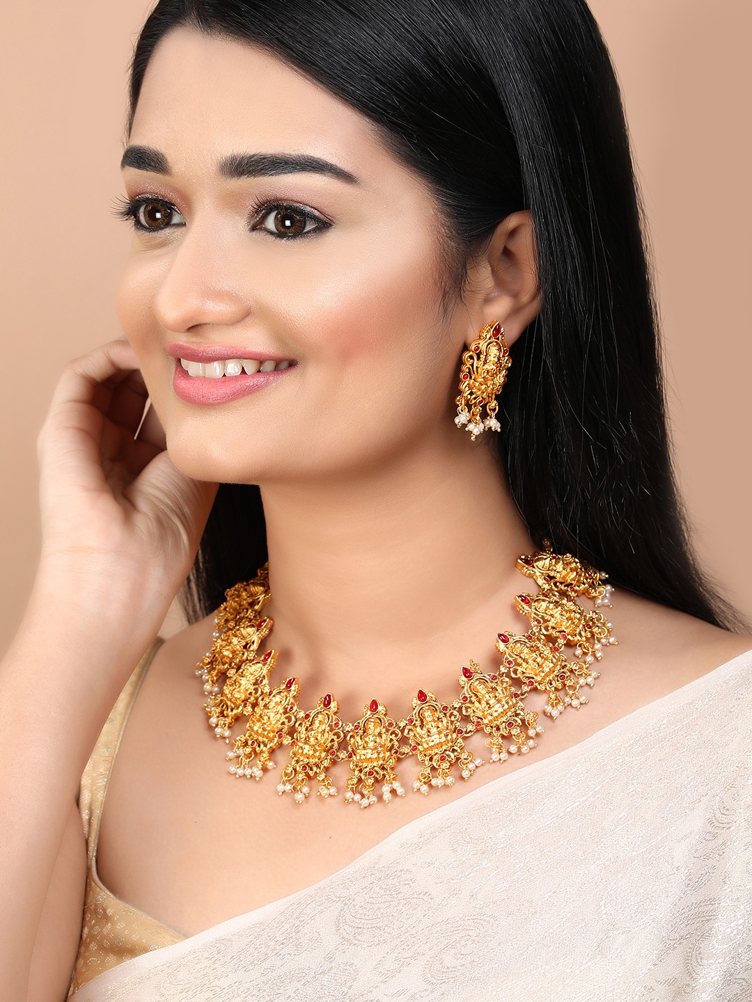 

Rubans Women Gold-Plated Red Stone Studded Handcrafted Temple Jewellery Set